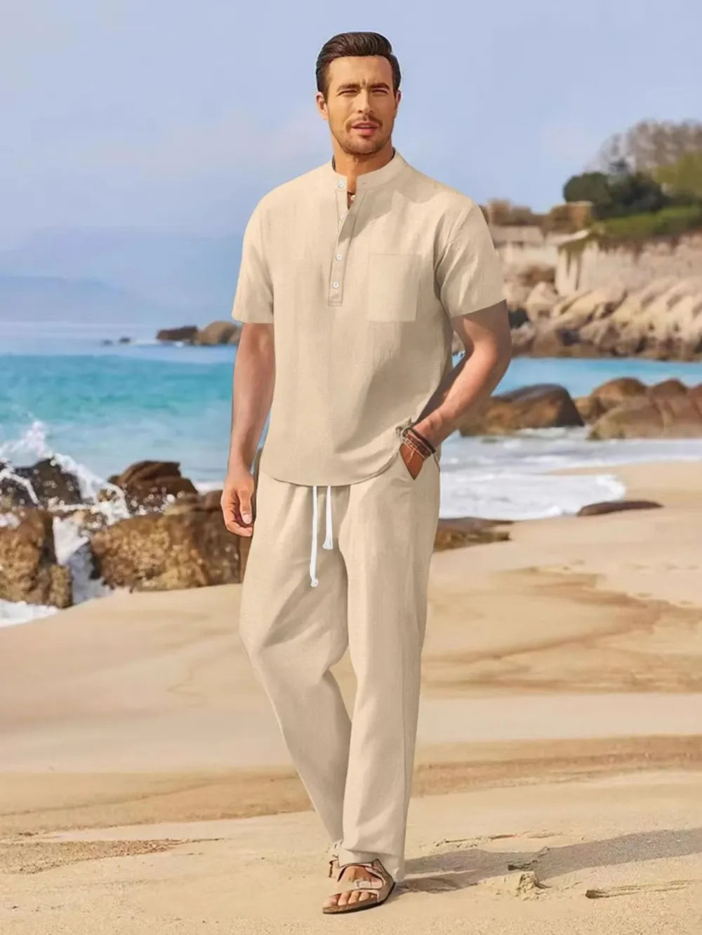 Men's Full Size Half Button Top and Drawstring Pants Set Plus Size - URBANPICK FASHION