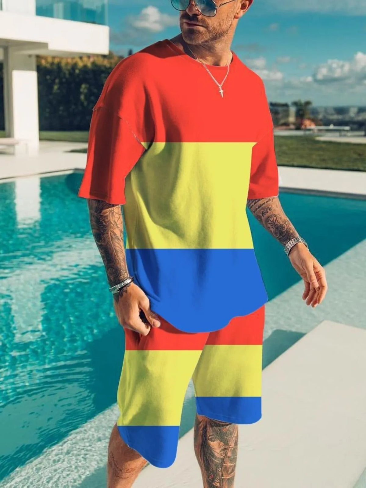 Men's Full Size Color Block Tee and Shorts Set Plus Size - URBANPICK FASHION