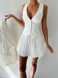 Button Up Vest and Pleated Mini Skirt Set - URBANPICK FASHION