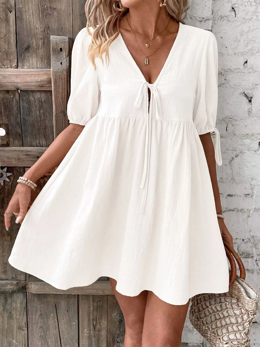 V-Neck Tie-Front Mini Dress with Puff Sleeves - URBANPICK FASHION