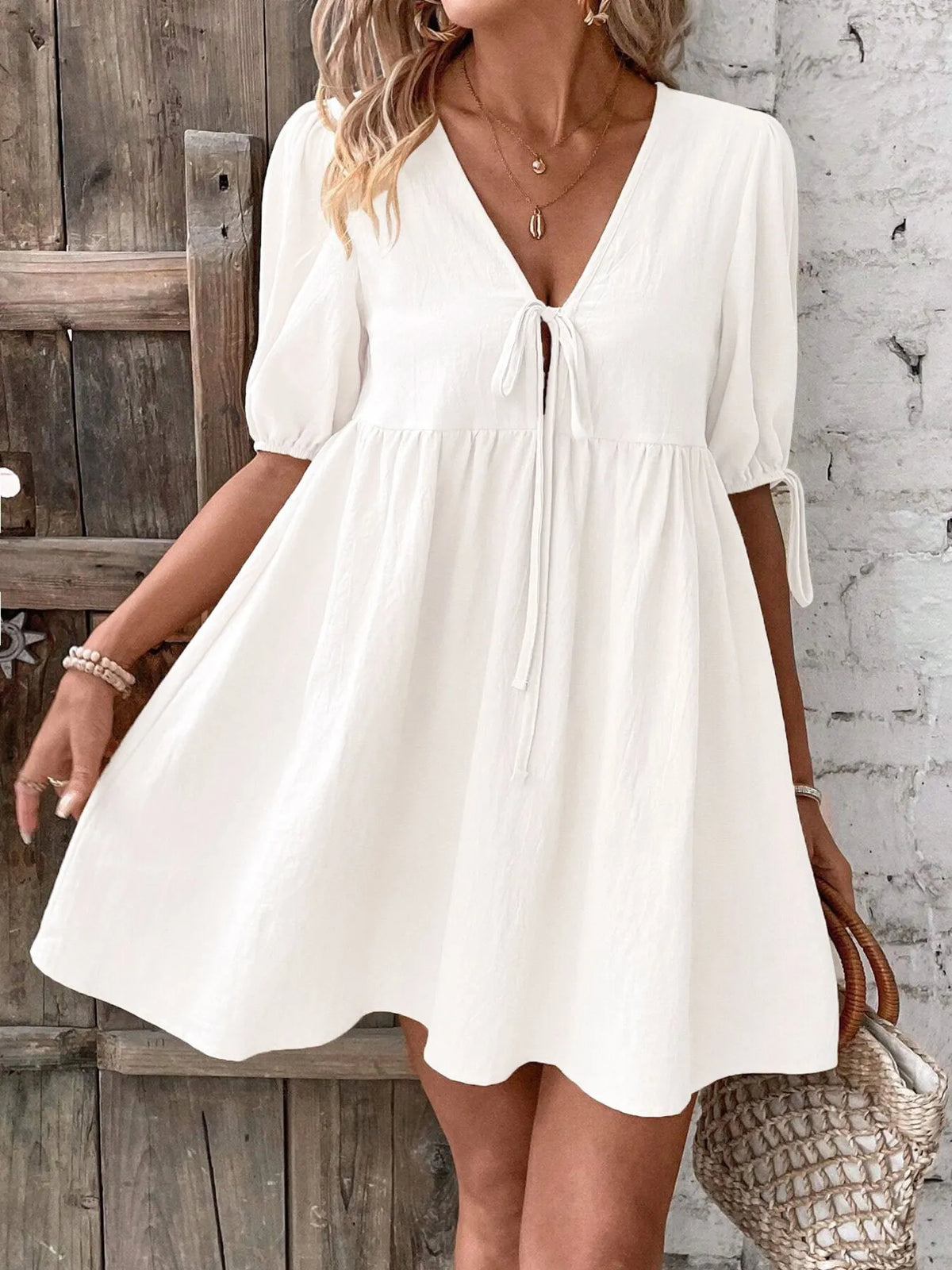 V-Neck Tie-Front Mini Dress with Puff Sleeves - URBANPICK FASHION
