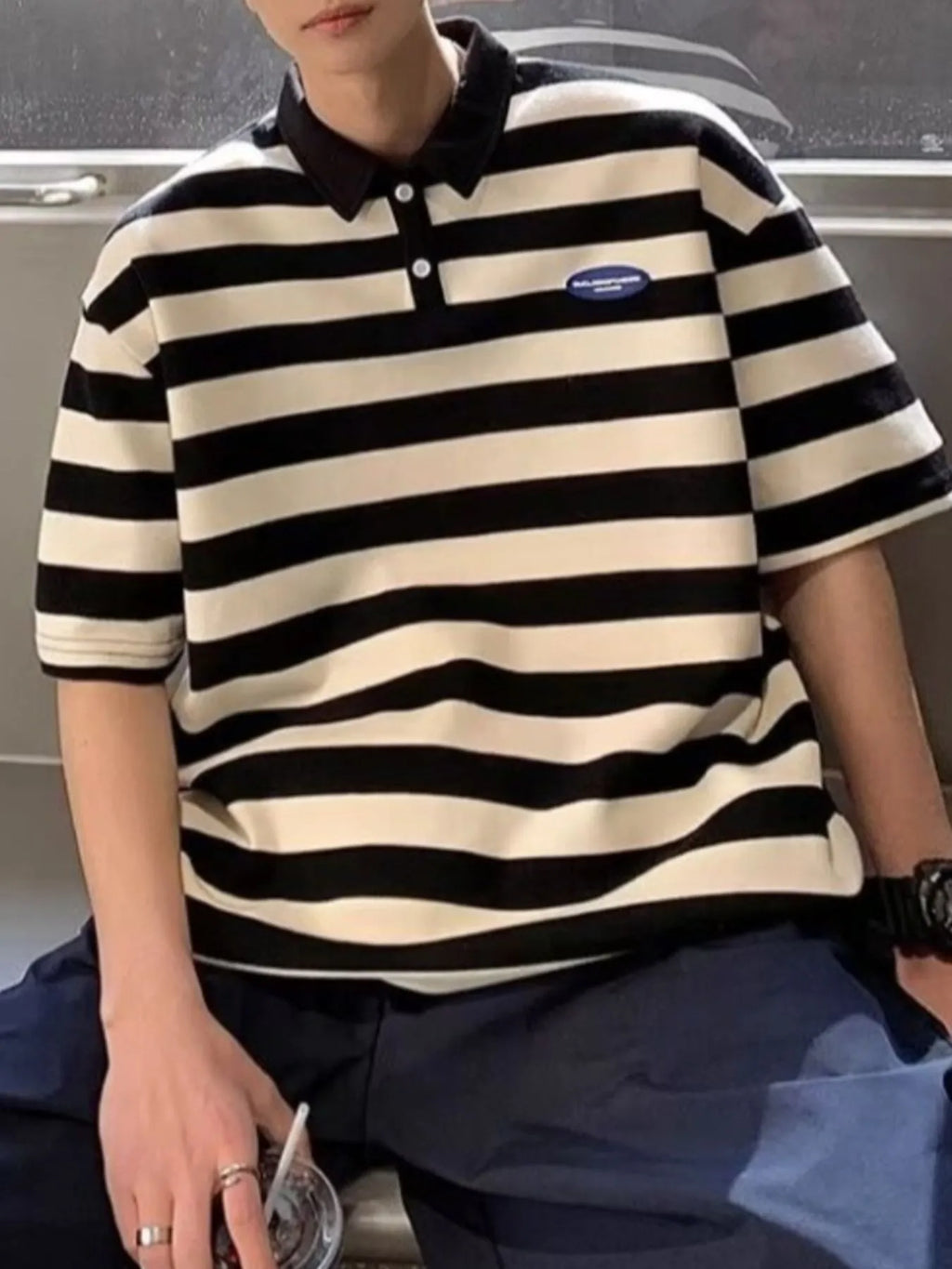 Men's Plus Size Striped Short Sleeve Oversized Polo - URBANPICK FASHION