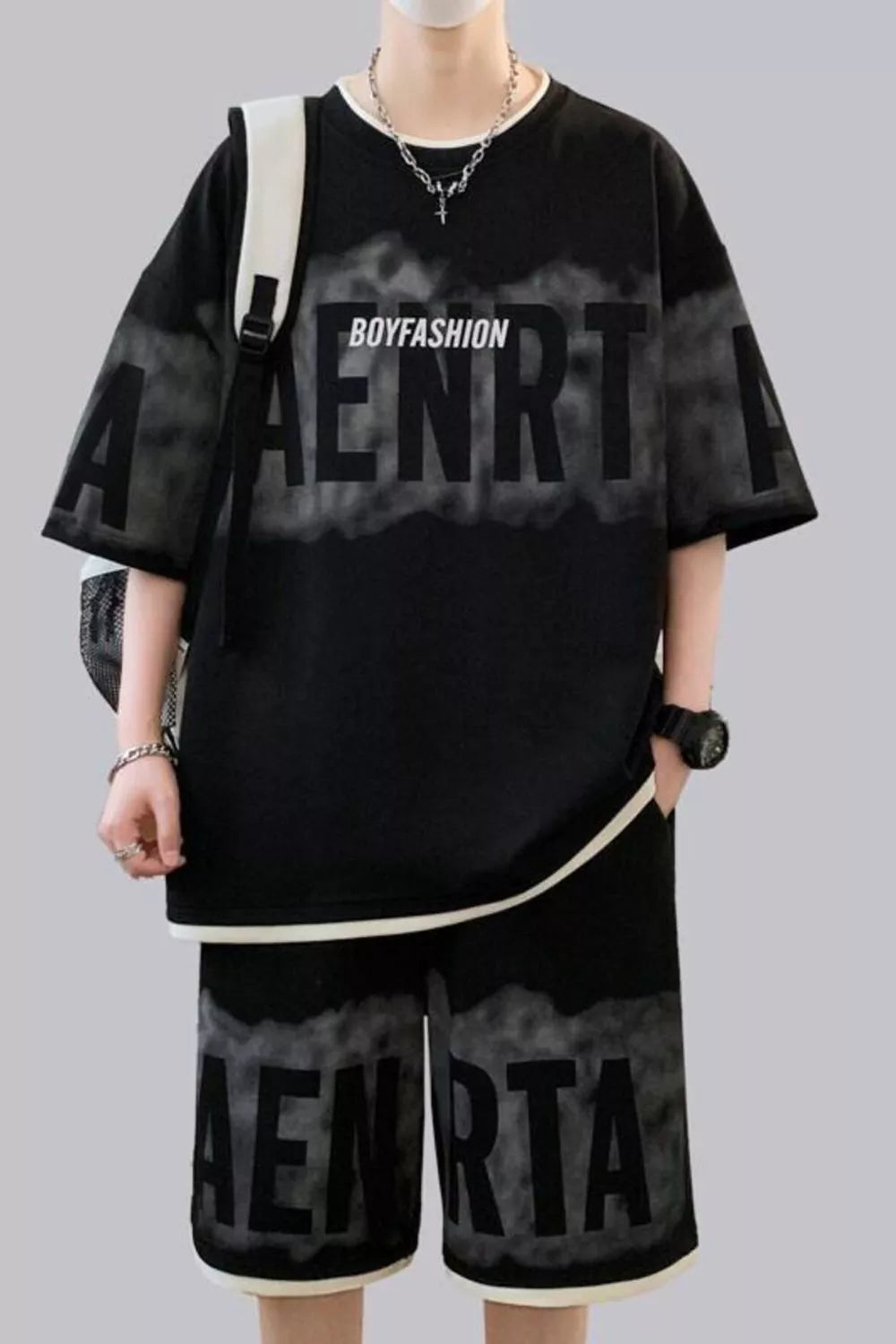 Men's Plus Size Letter Round Neck Tee and Shorts Set - URBANPICK FASHION
