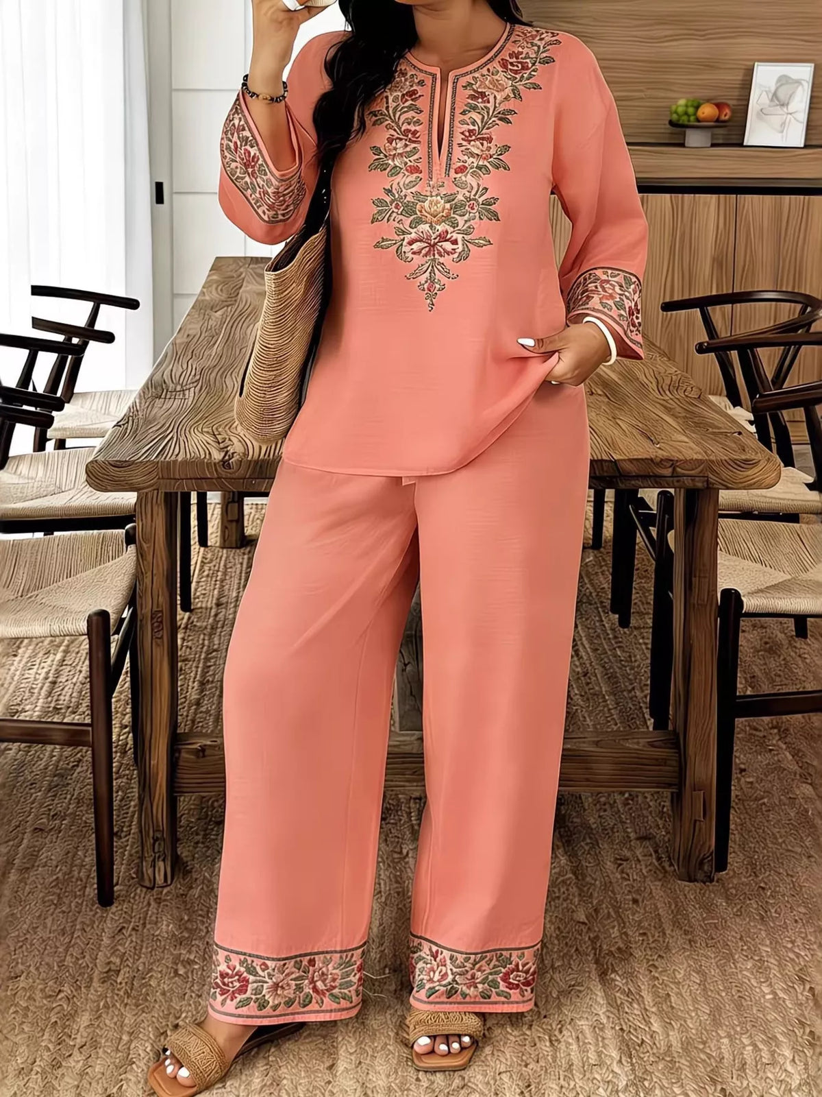 Full Size Embroidered Long Sleeve Top and Pants Set Plus Size - URBANPICK FASHION