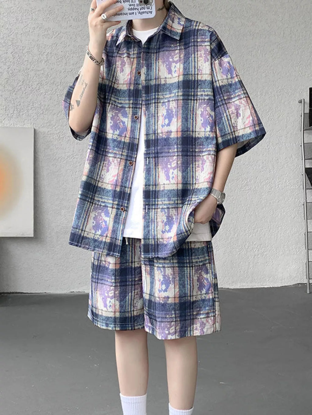 Men's Plus Size Casual Plaid Print Shirt & Shorts Set - URBANPICK FASHION