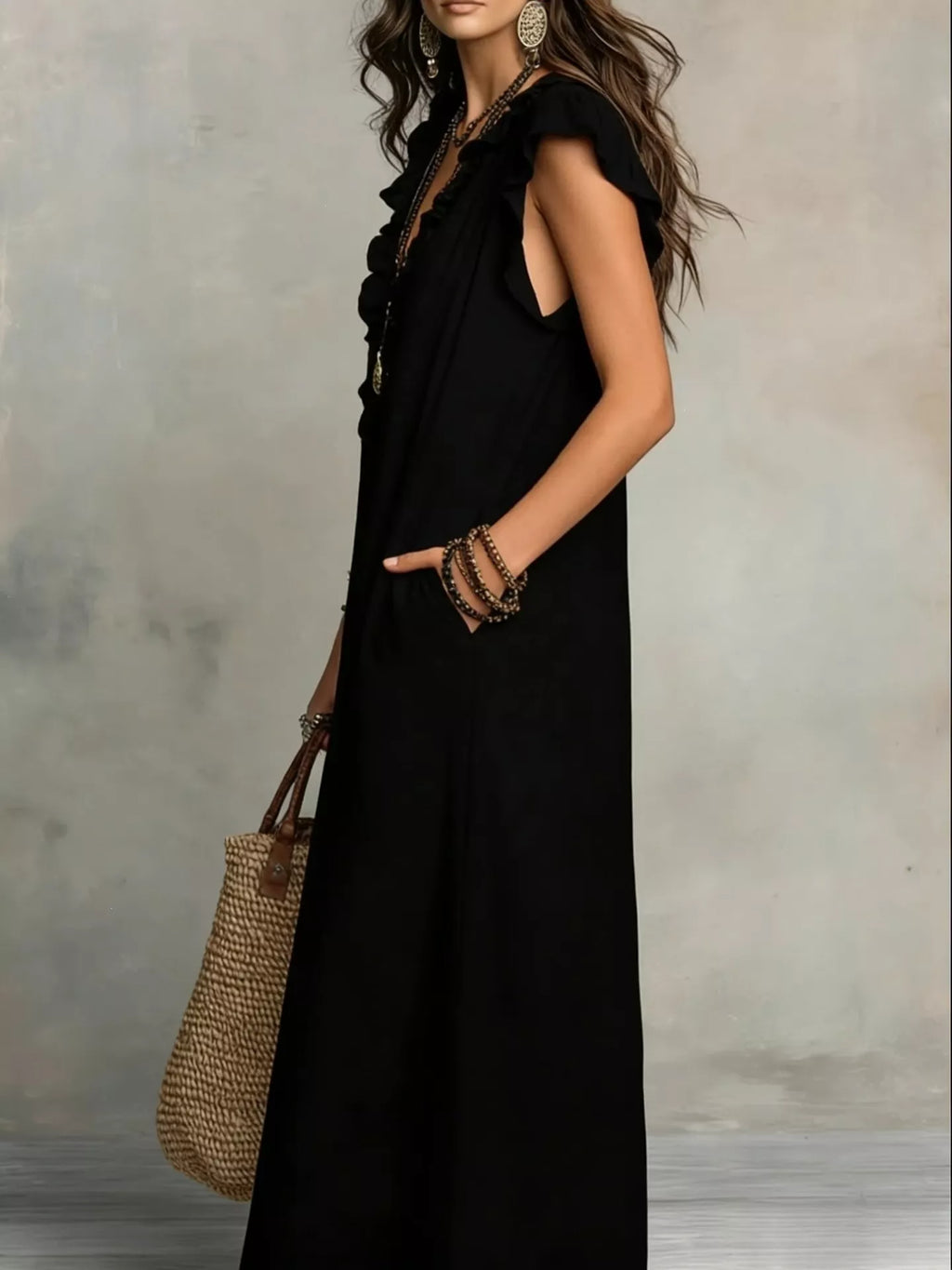 Full Size Ruffled V-Neck Cap Sleeve Maxi Dress Plus Size - URBANPICK FASHION