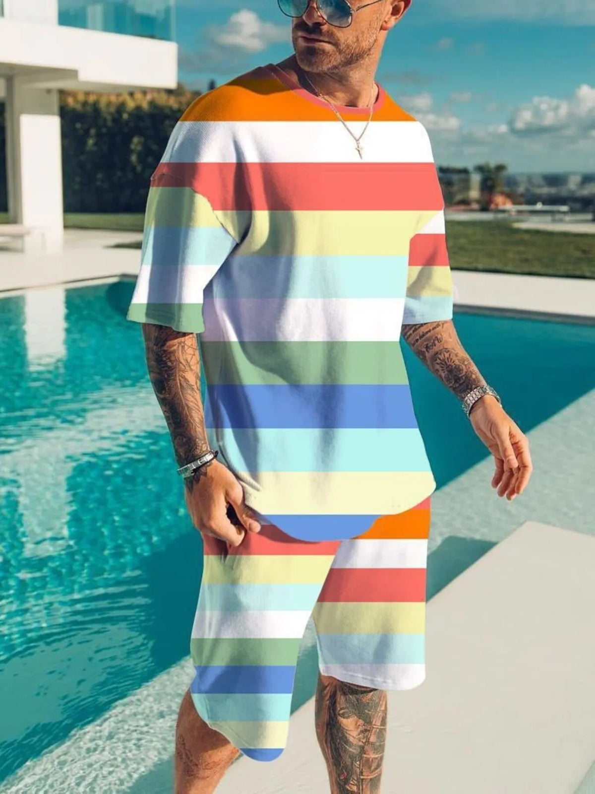 Men's Full Size Color Block Tee and Shorts Set Plus Size - URBANPICK FASHION