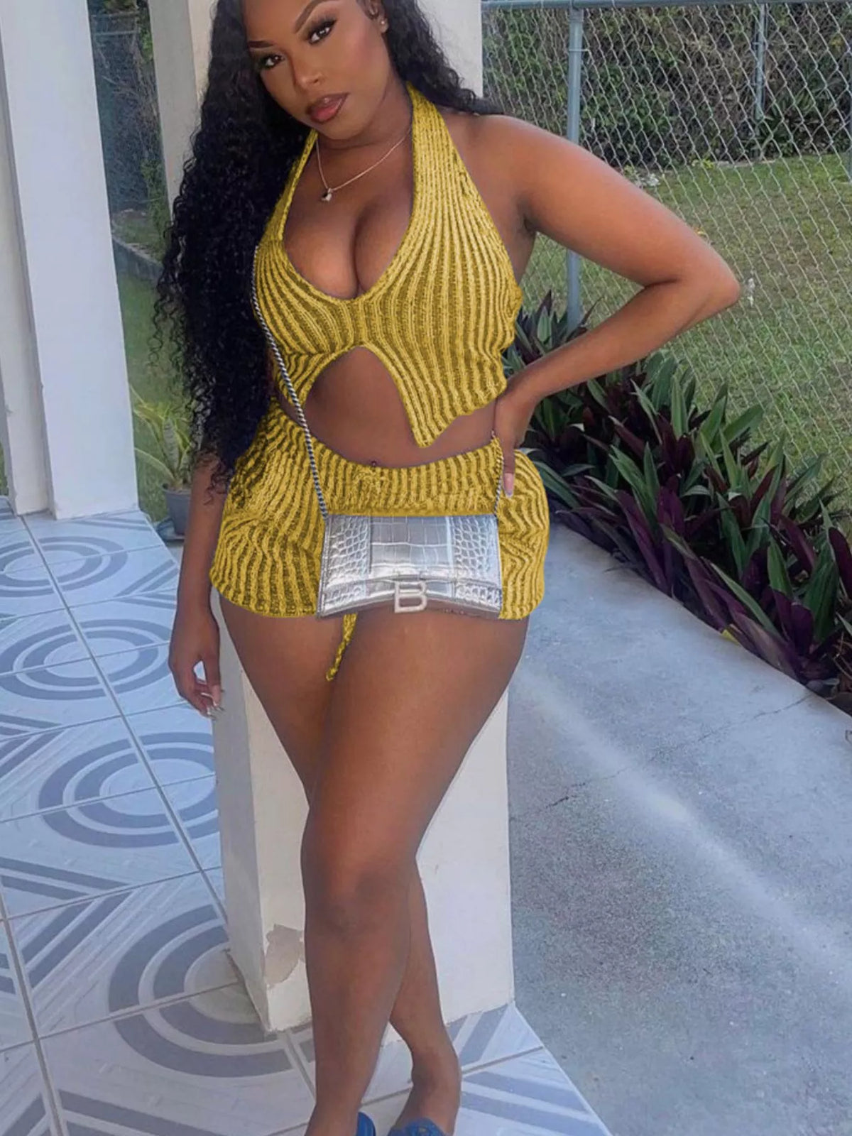 Halter Neck Top and Shorts Sweater Set - URBANPICK FASHION