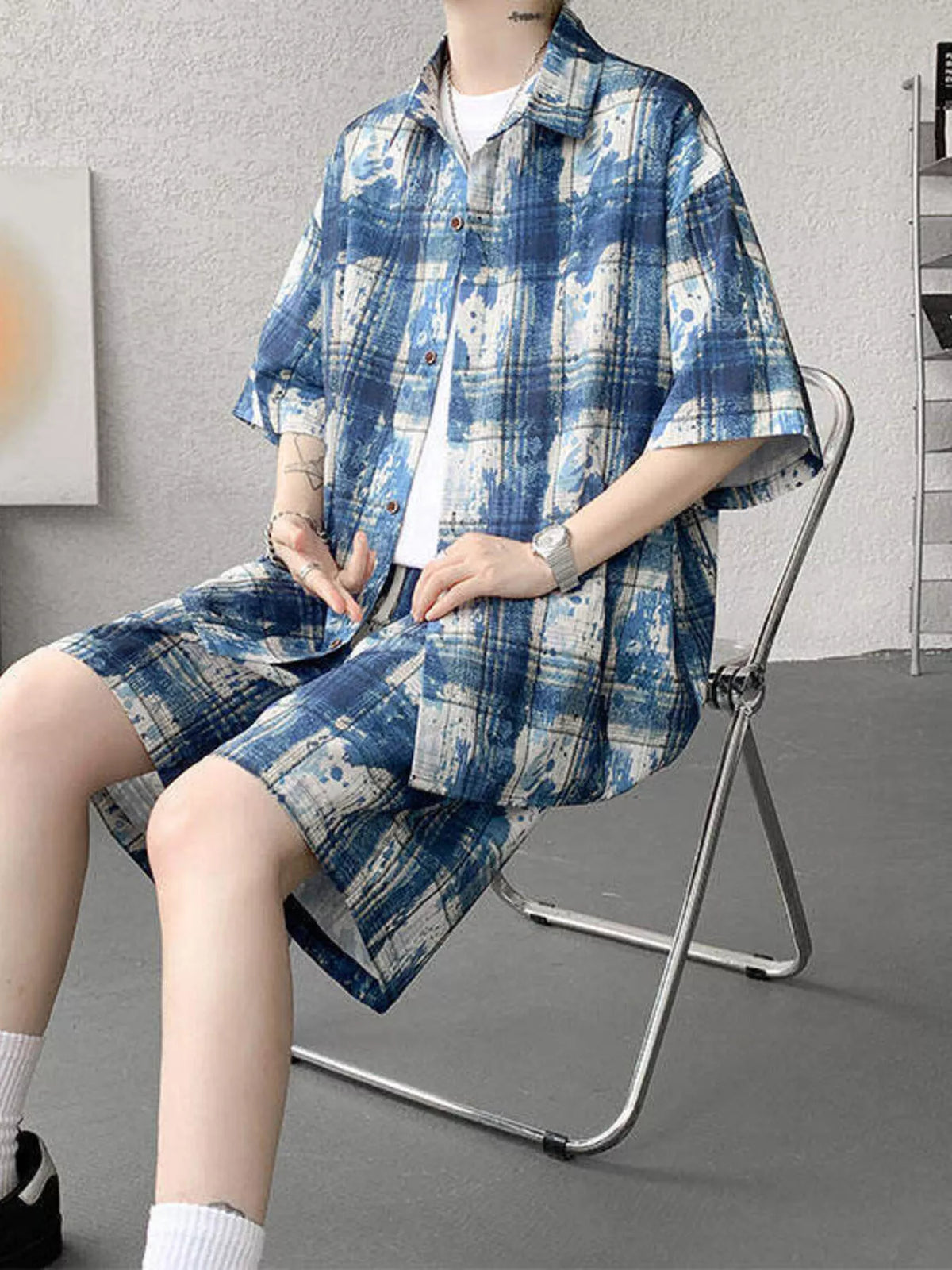 Men's Plus Size Casual Plaid Print Shirt & Shorts Set - URBANPICK FASHION