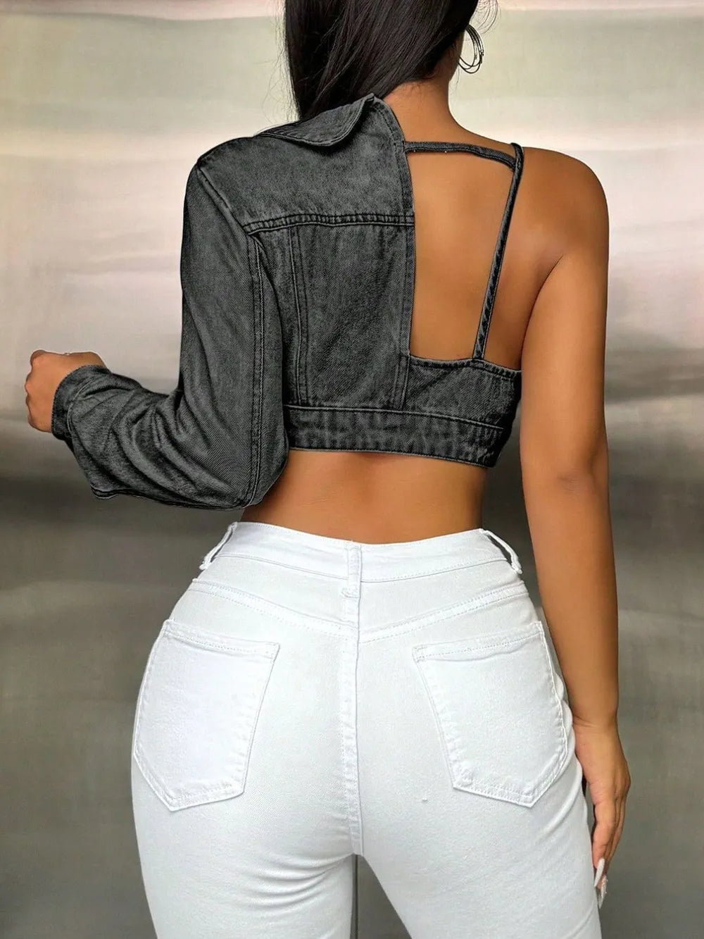 One Shoulder Long Sleeve Cropped Denim Top - URBANPICK FASHION
