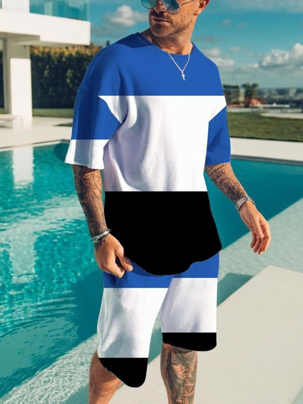 Men's Full Size Color Block Tee and Shorts Set Plus Size - URBANPICK FASHION