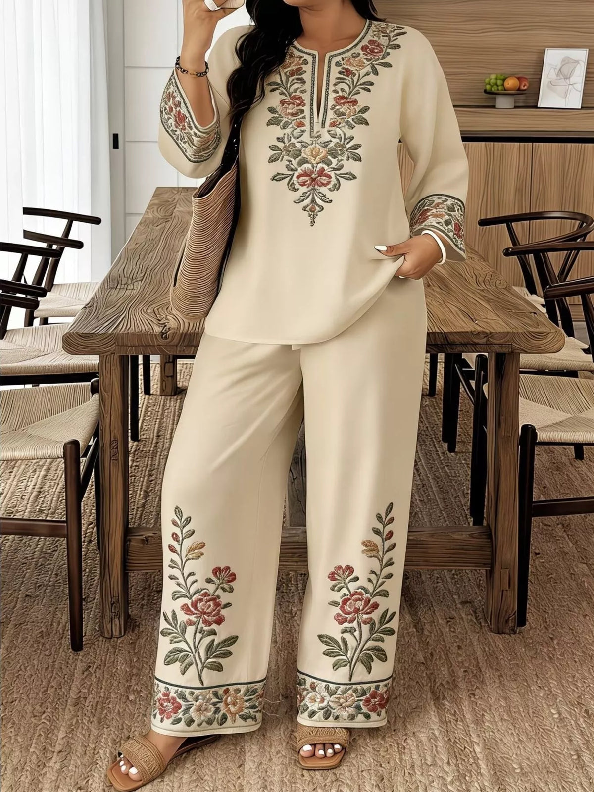 Full Size Embroidered Long Sleeve Top and Pants Set Plus Size - URBANPICK FASHION