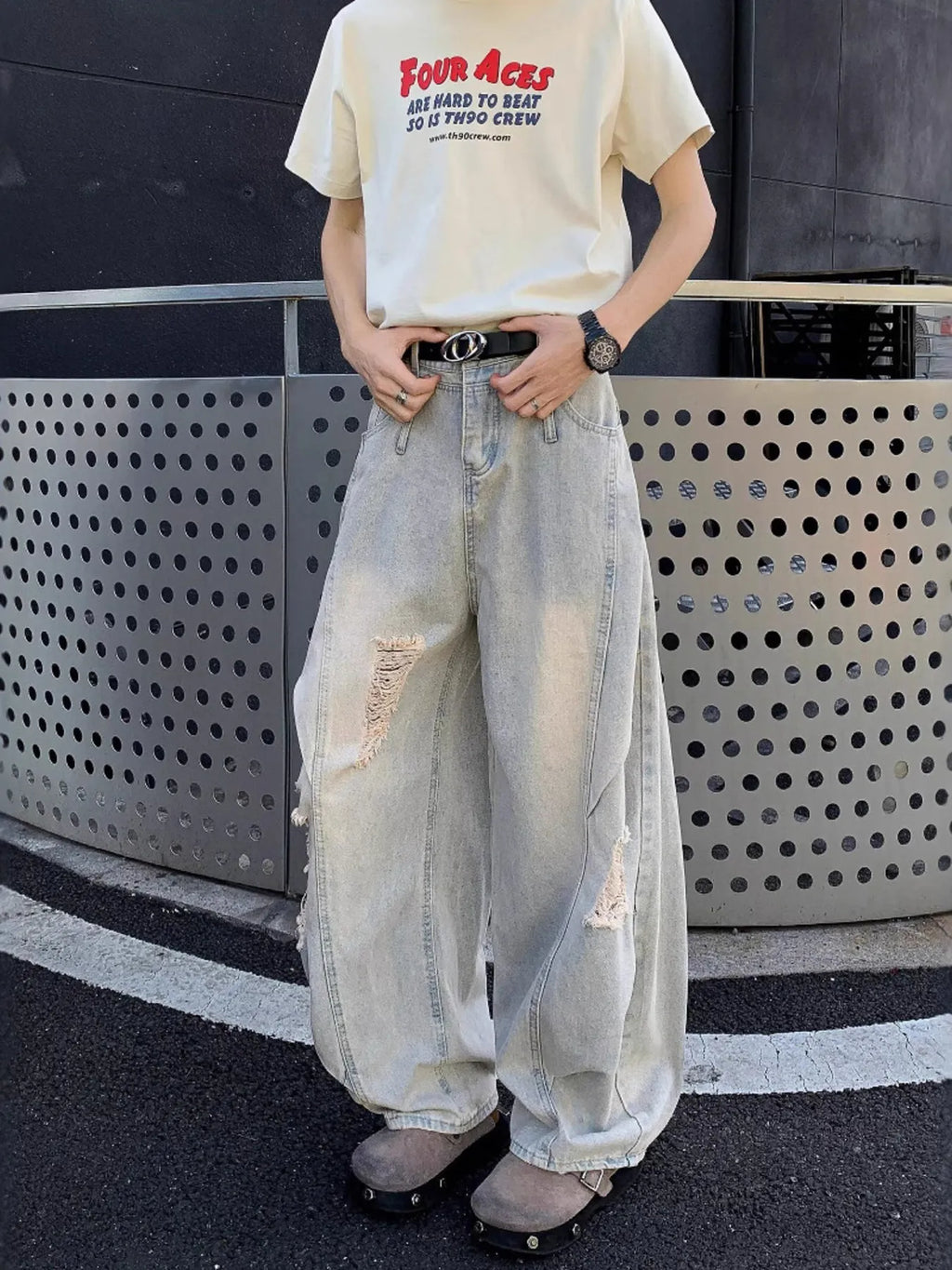 Men's Full Size Distressed Wide Leg Jeans Plus Size - URBANPICK FASHION