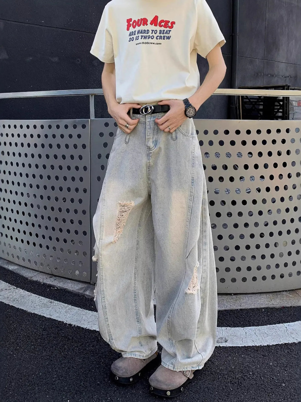 Men's Full Size Distressed Wide Leg Jeans Plus Size - URBANPICK FASHION