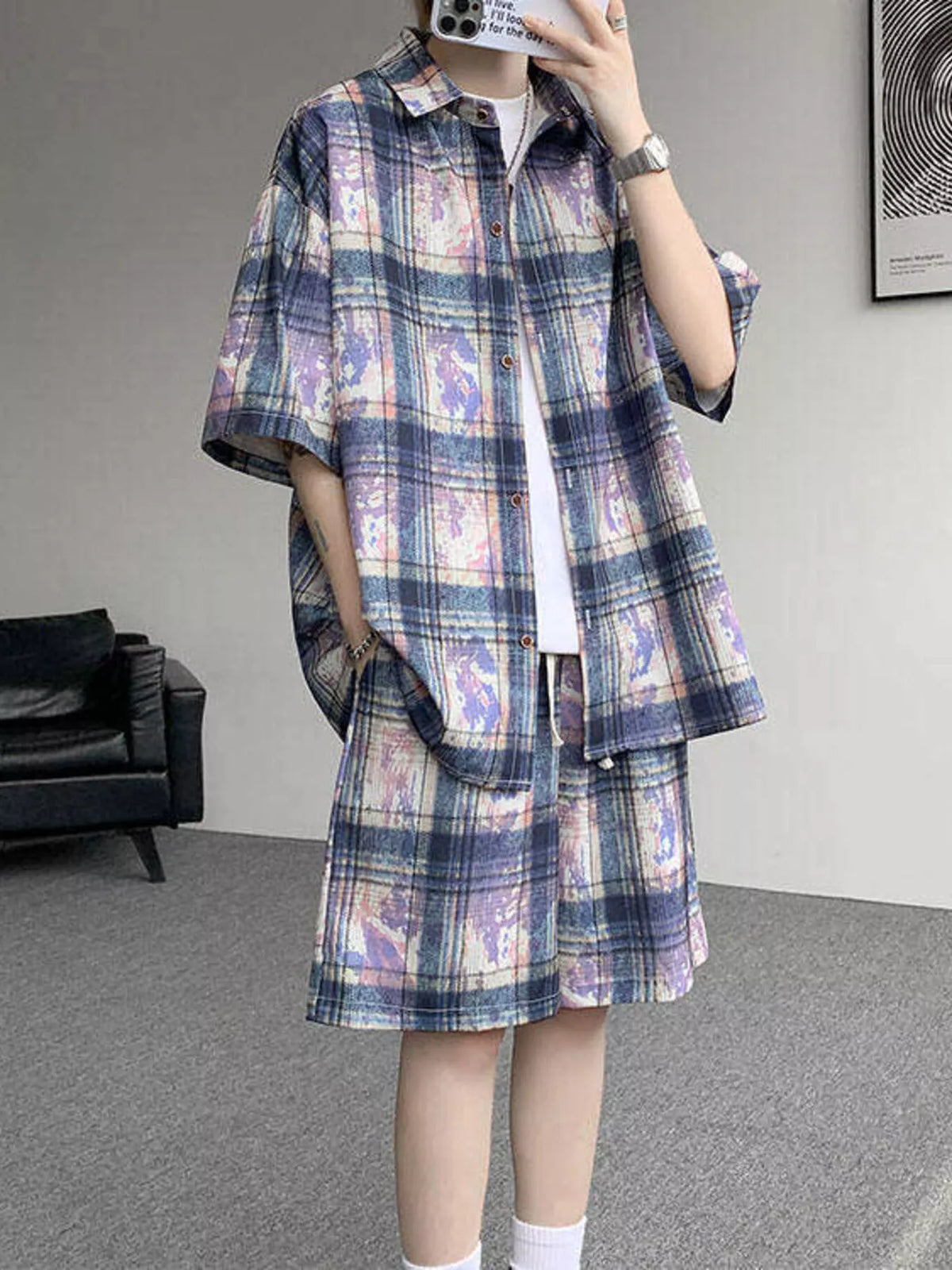 Men's Plus Size Casual Plaid Print Shirt & Shorts Set - URBANPICK FASHION