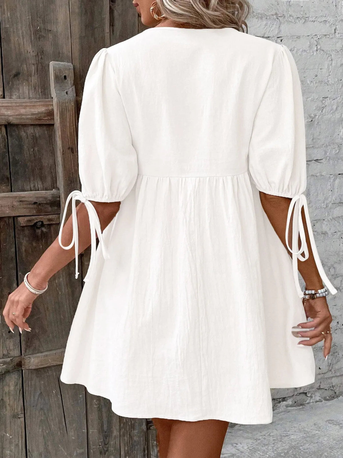 V-Neck Tie-Front Mini Dress with Puff Sleeves - URBANPICK FASHION