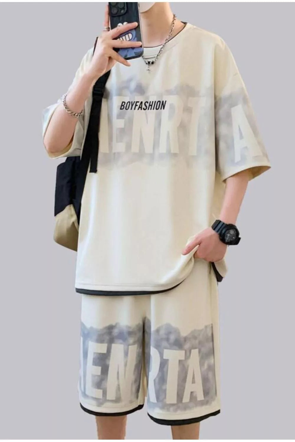 Men's Plus Size Letter Round Neck Tee and Shorts Set - URBANPICK FASHION