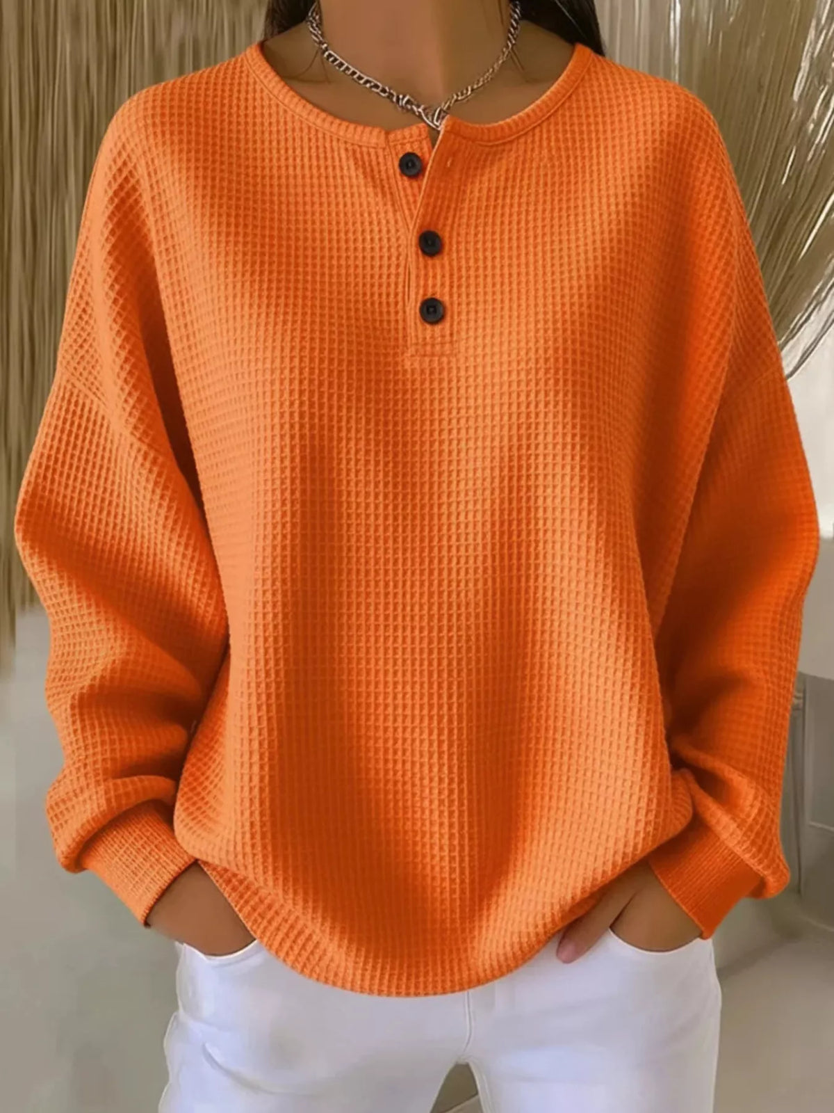 Full Size Waffle Knit Button Detail Top Plus Size - URBANPICK FASHION