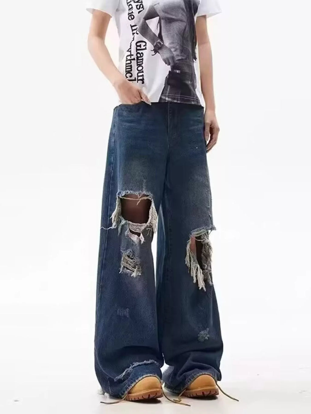Men's Full Size Distressed Wide Leg Jeans Plus Size - URBANPICK FASHION