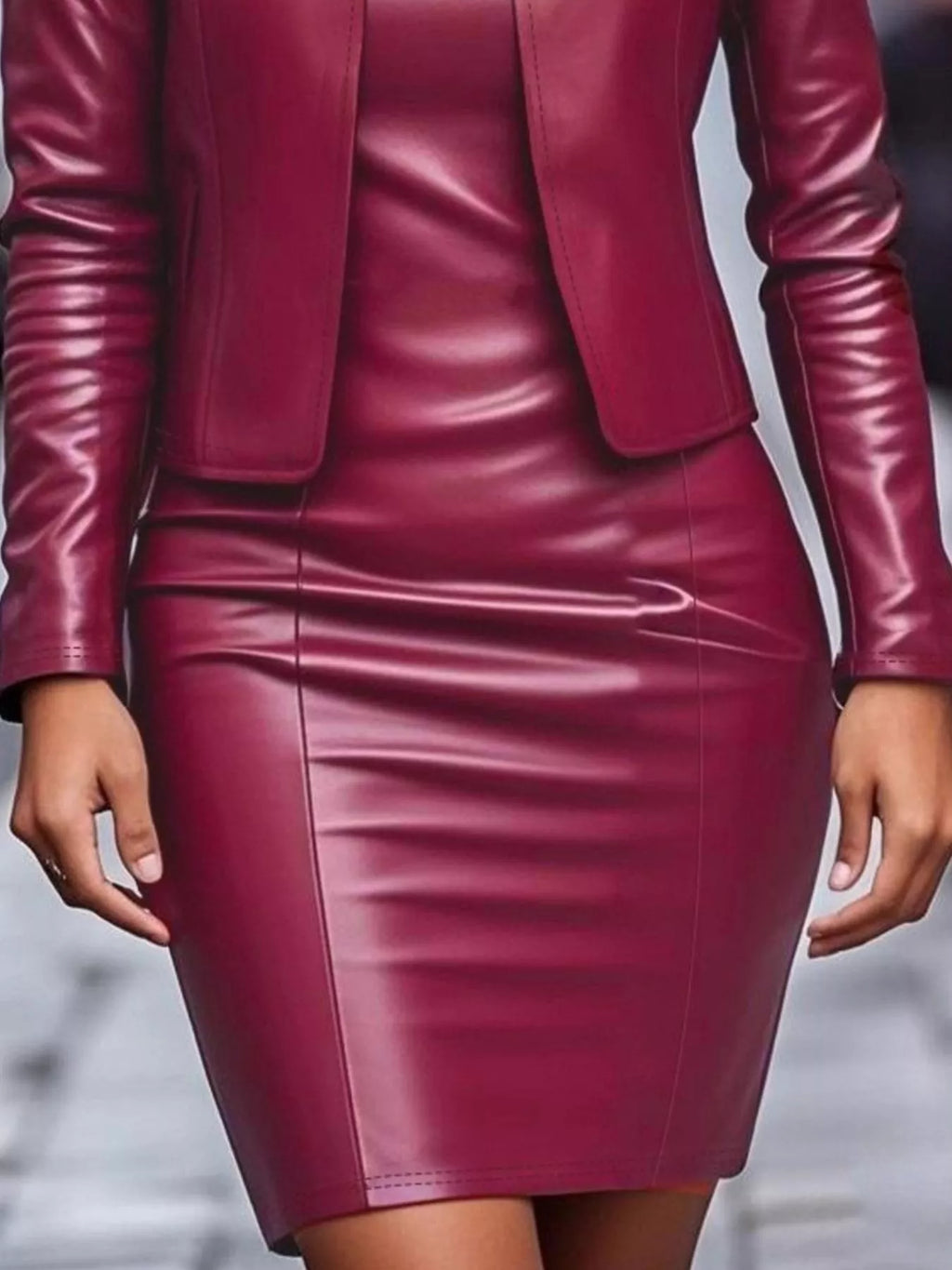 Open Front Leather Jacket & Dress Set - URBANPICK FASHION