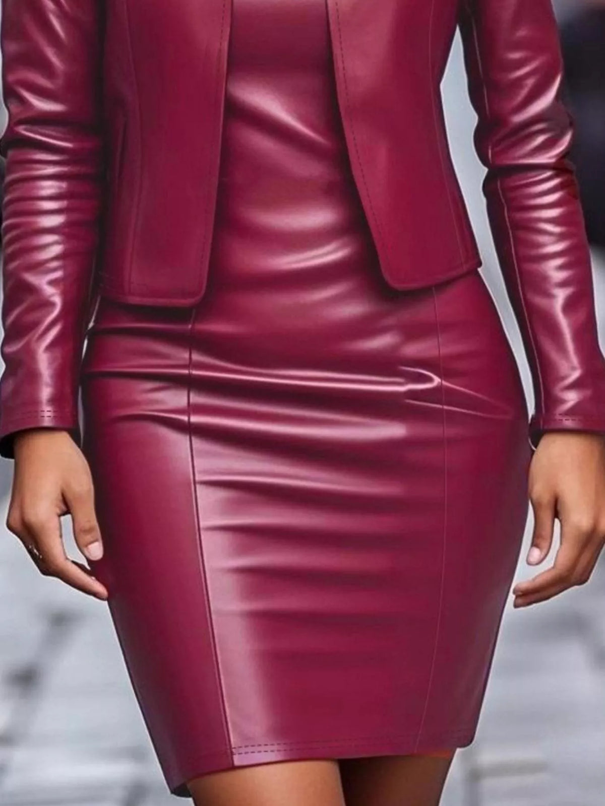 Open Front Leather Jacket & Dress Set - URBANPICK FASHION