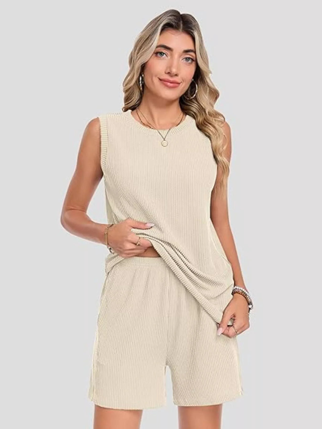 Casual Ribbed Knit Sleeveless Top and Shorts Set - URBANPICK FASHION