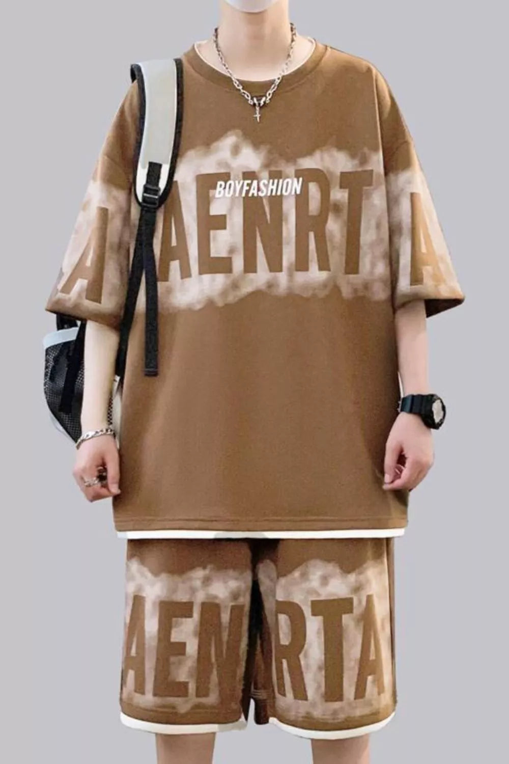 Men's Plus Size Letter Round Neck Tee and Shorts Set - URBANPICK FASHION