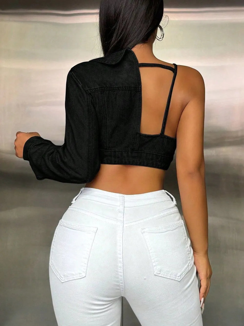 One Shoulder Long Sleeve Cropped Denim Top - URBANPICK FASHION