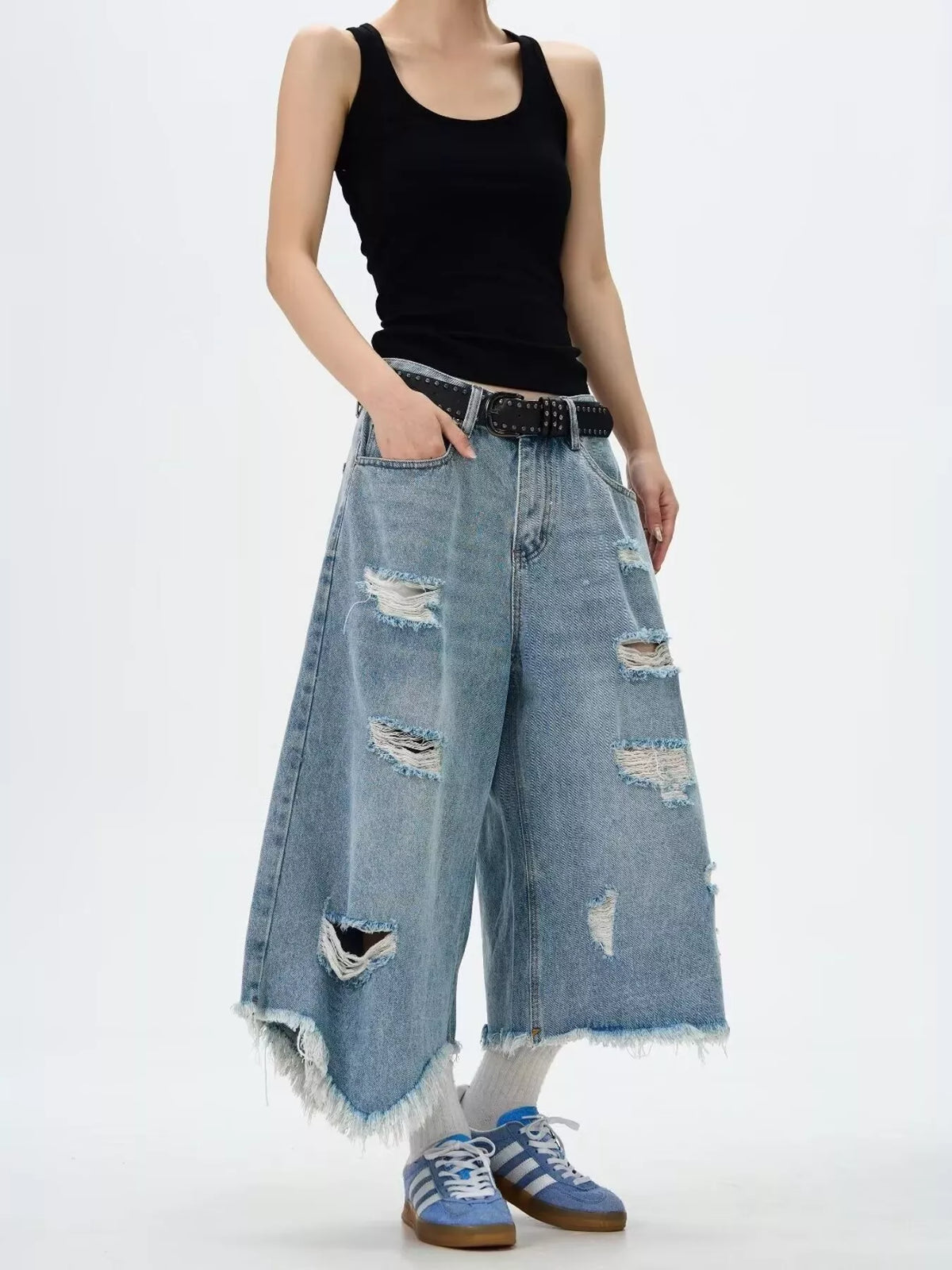 Men's Full Size Distressed Raw Hem Wide Leg Jeans Plus Size - URBANPICK FASHION