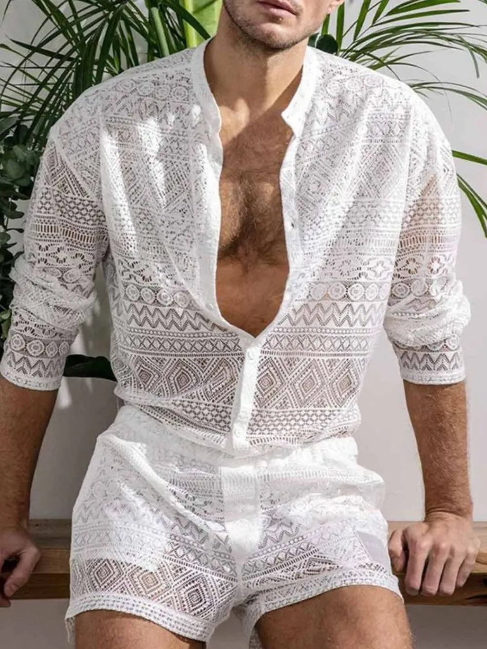 Men's Full Size Lace Button Down Top and Shorts Set Plus Size - URBANPICK FASHION