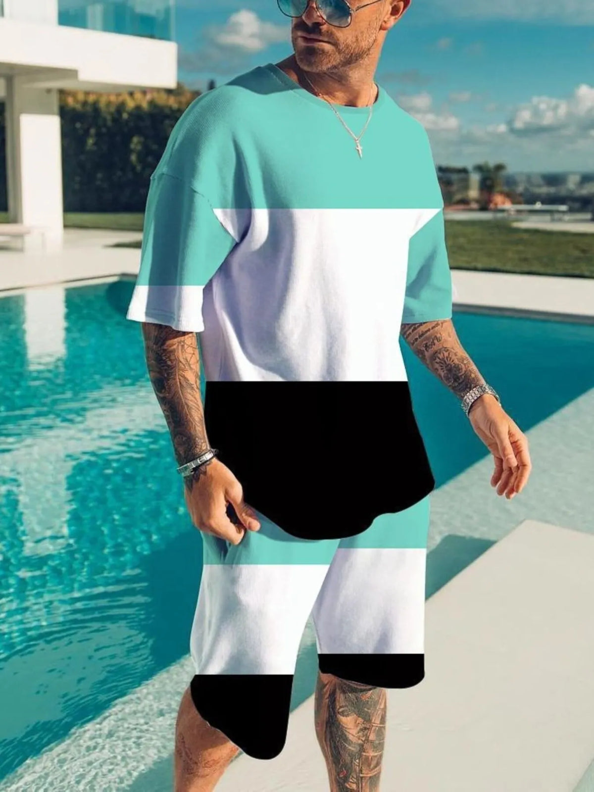Men's Full Size Color Block Tee and Shorts Set Plus Size - URBANPICK FASHION