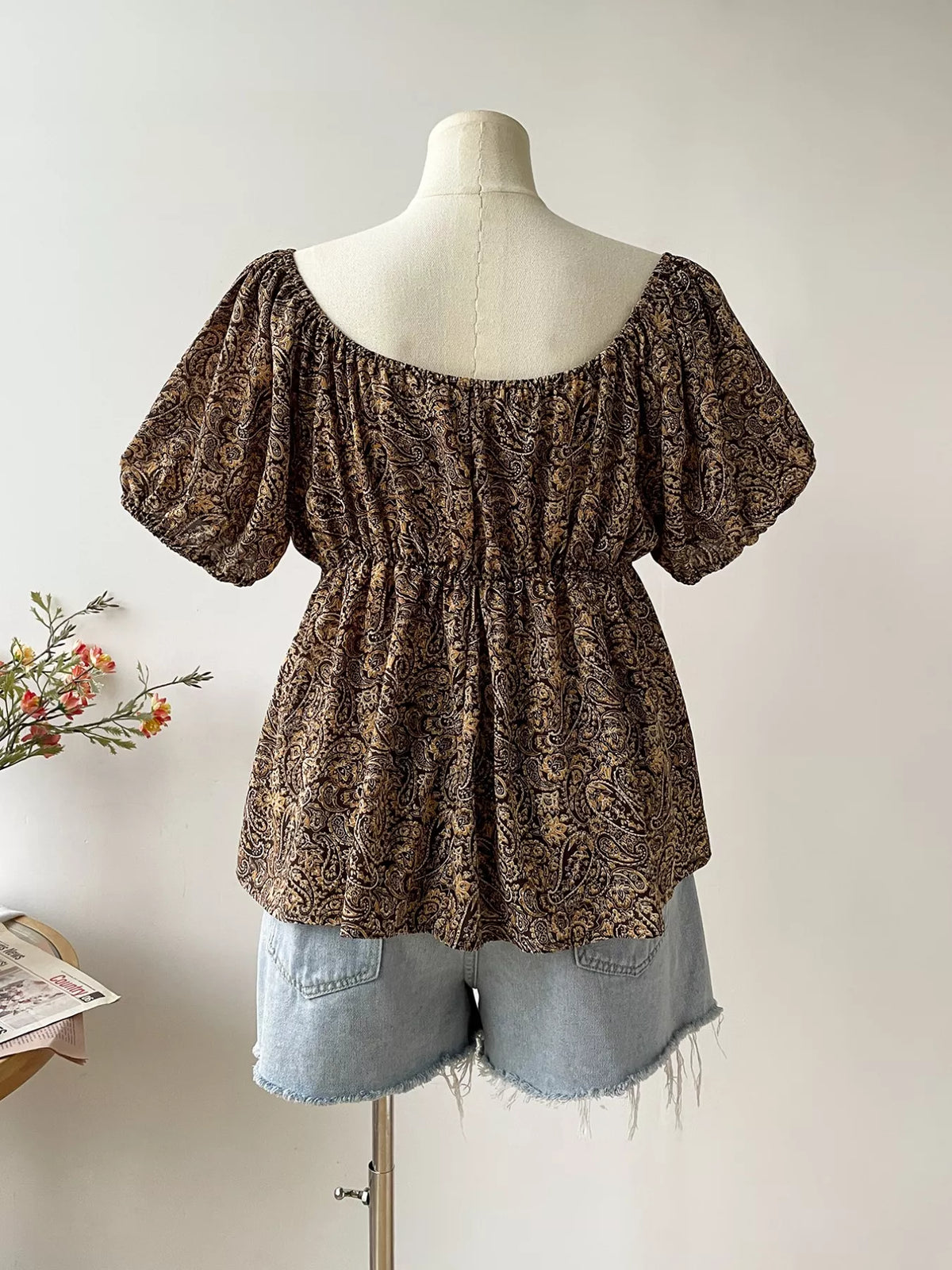 Plus Size Paisley Print Short Sleeve Blouse - URBANPICK FASHION