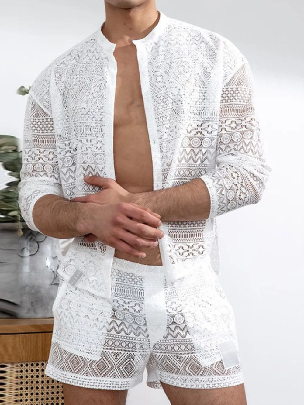 Men's Full Size Lace Button Down Top and Shorts Set Plus Size - URBANPICK FASHION