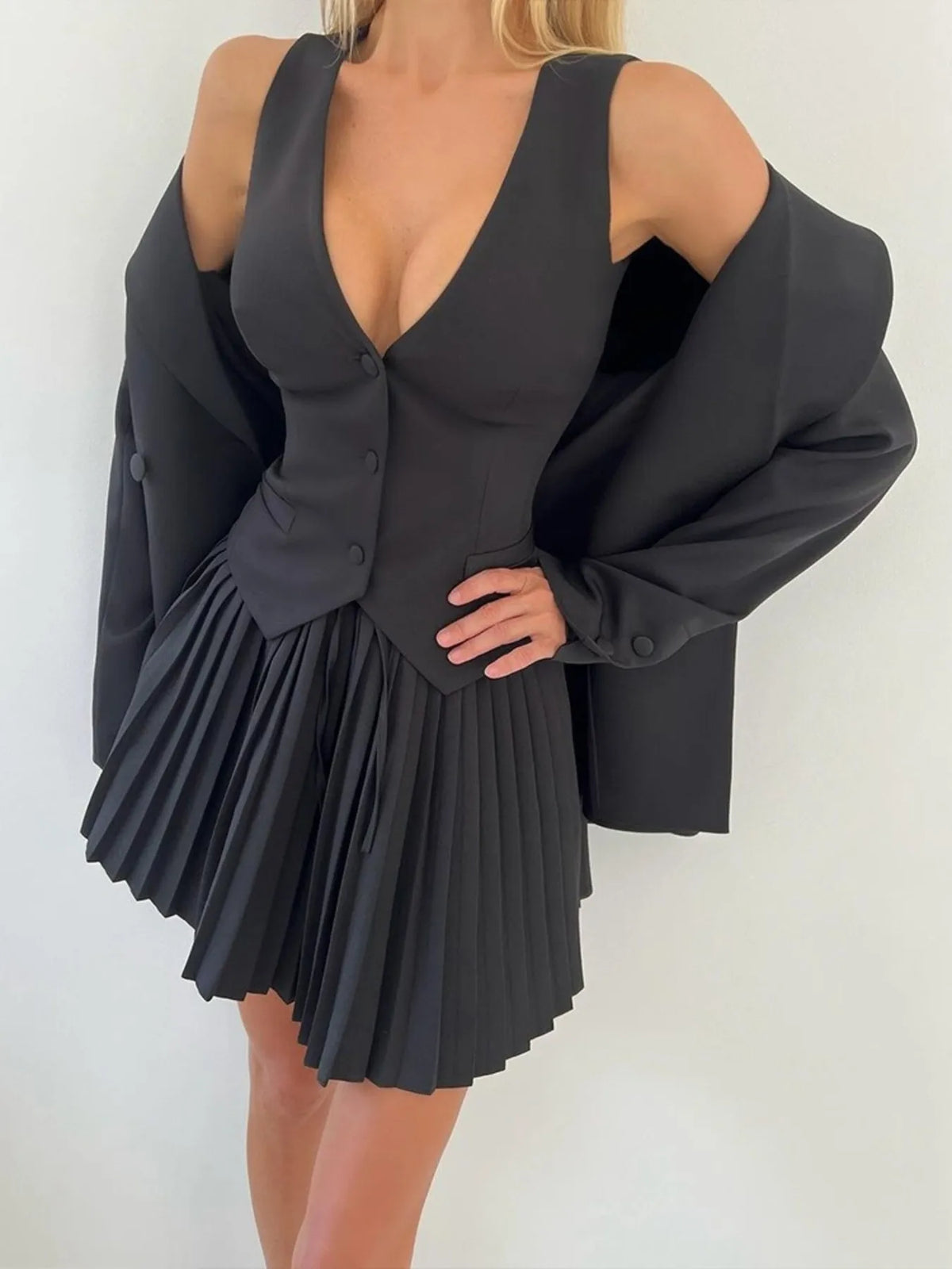 Button Up Vest and Pleated Mini Skirt Set - URBANPICK FASHION