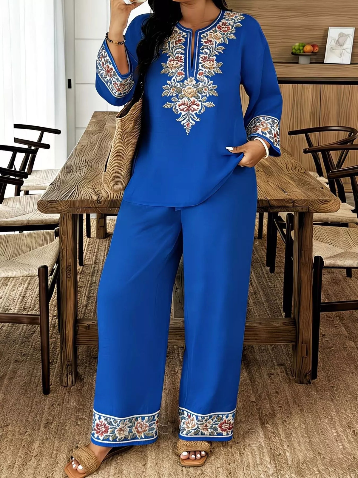 Full Size Embroidered Long Sleeve Top and Pants Set Plus Size - URBANPICK FASHION