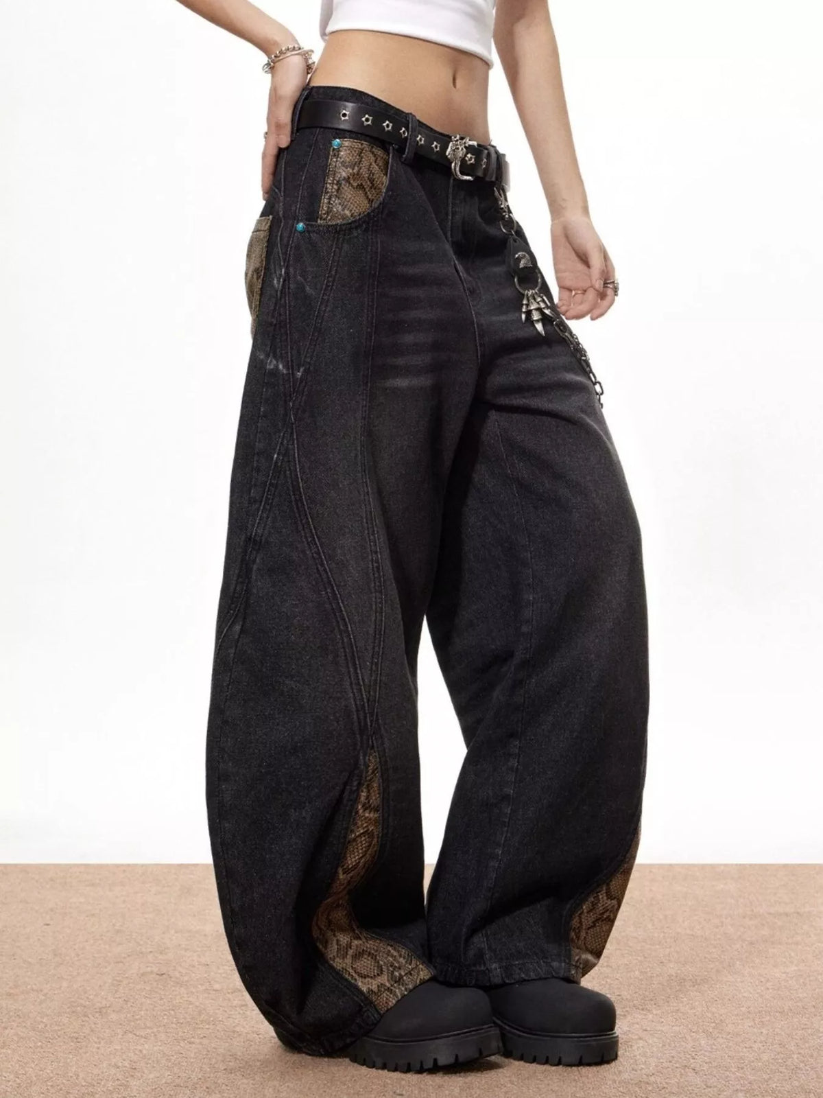 Men's Vintage Wide Leg Jeans with Snake Print - URBANPICK FASHION