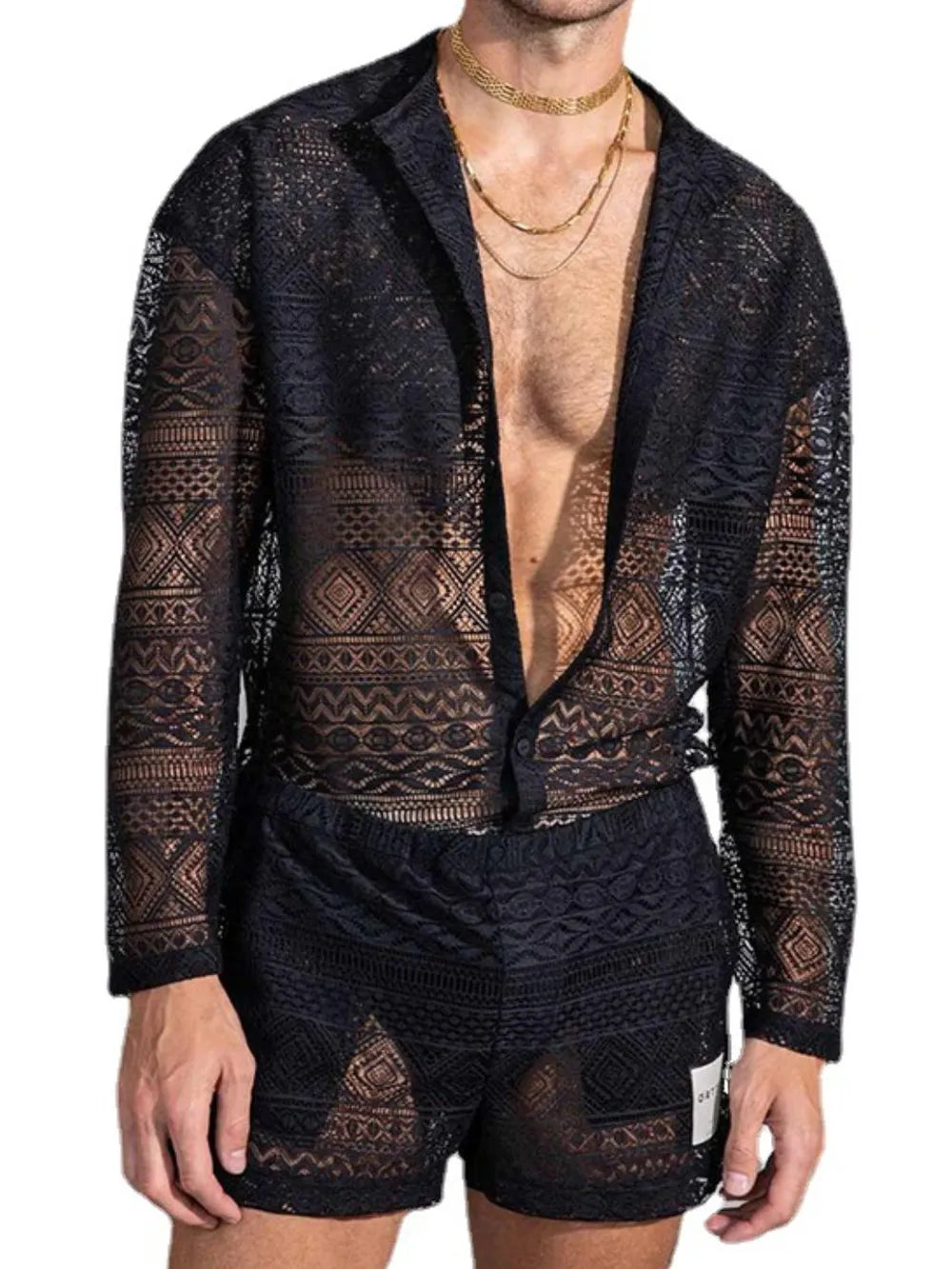 Men's Full Size Lace Button Down Top and Shorts Set Plus Size - URBANPICK FASHION