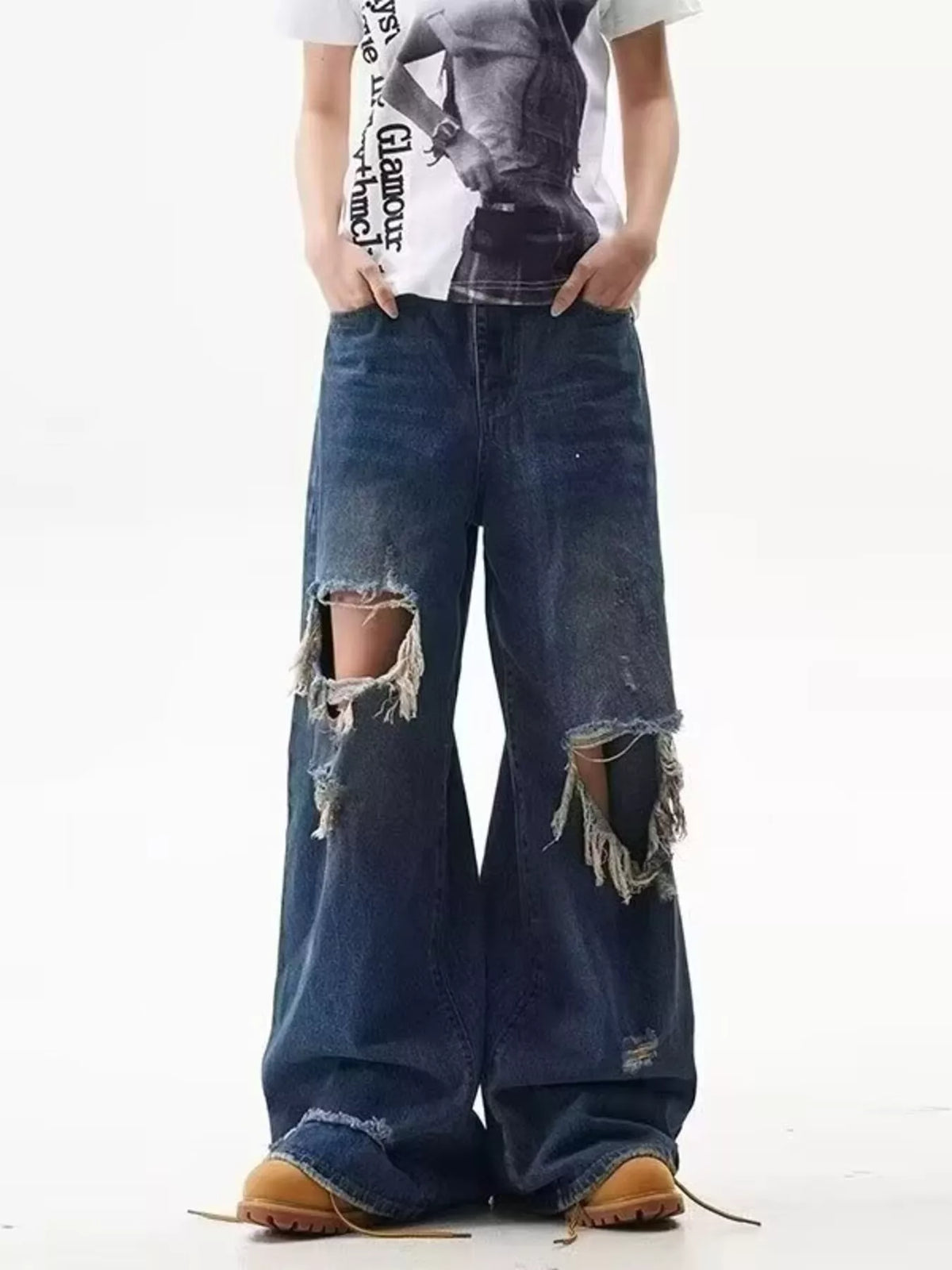 Men's Full Size Distressed Wide Leg Jeans Plus Size - URBANPICK FASHION