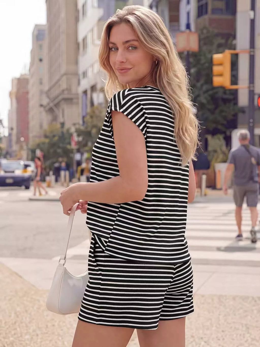 Striped Round Neck Tee and Shorts Set - URBANPICK FASHION