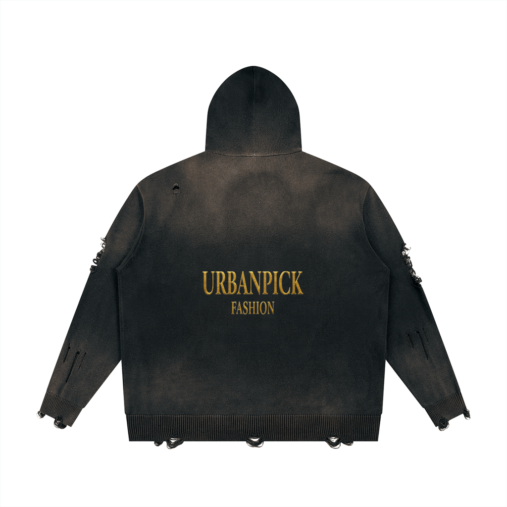 Distressed Full-Zip Hoodie — Black