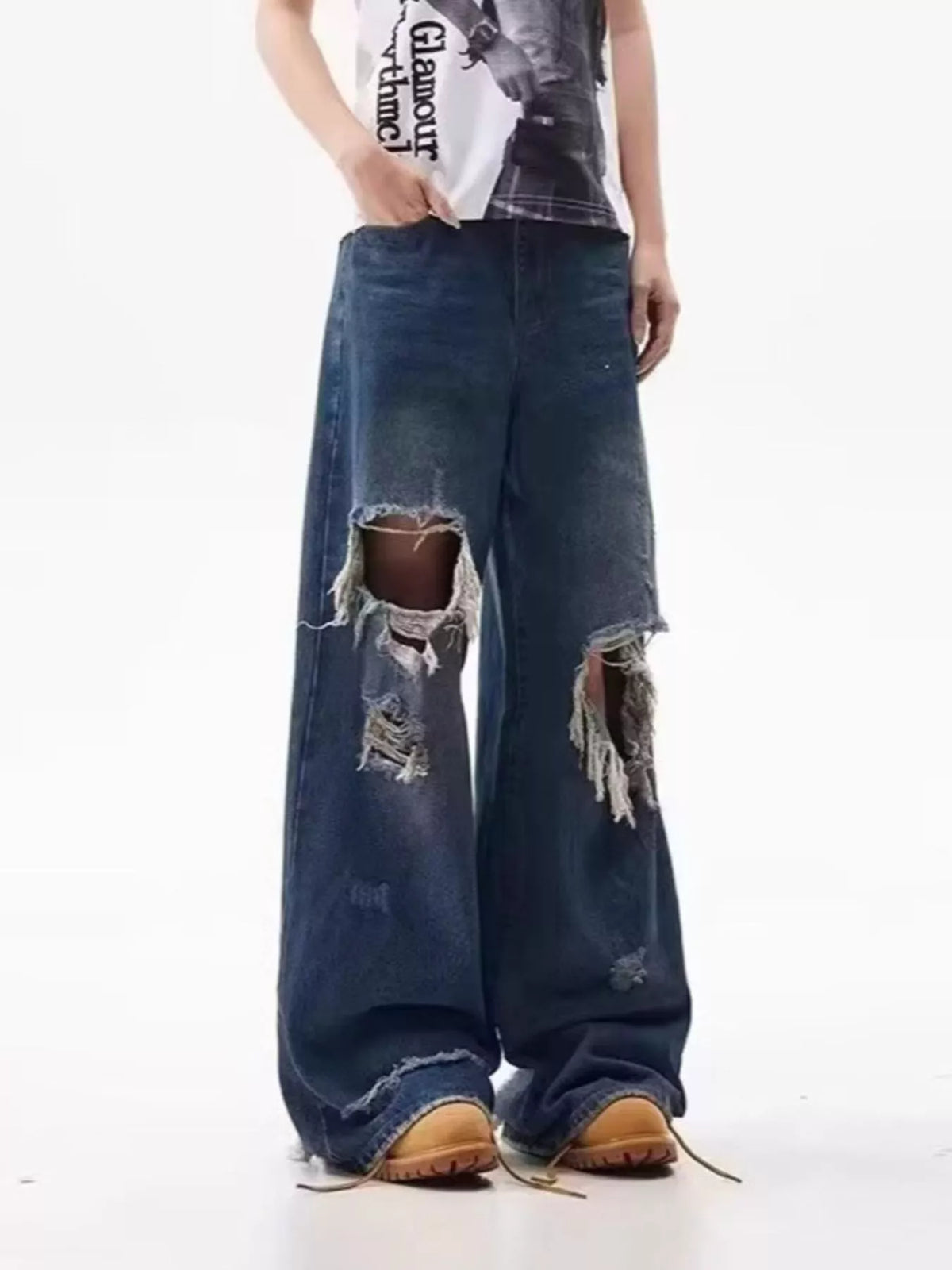 Men's Full Size Distressed Wide Leg Jeans Plus Size - URBANPICK FASHION