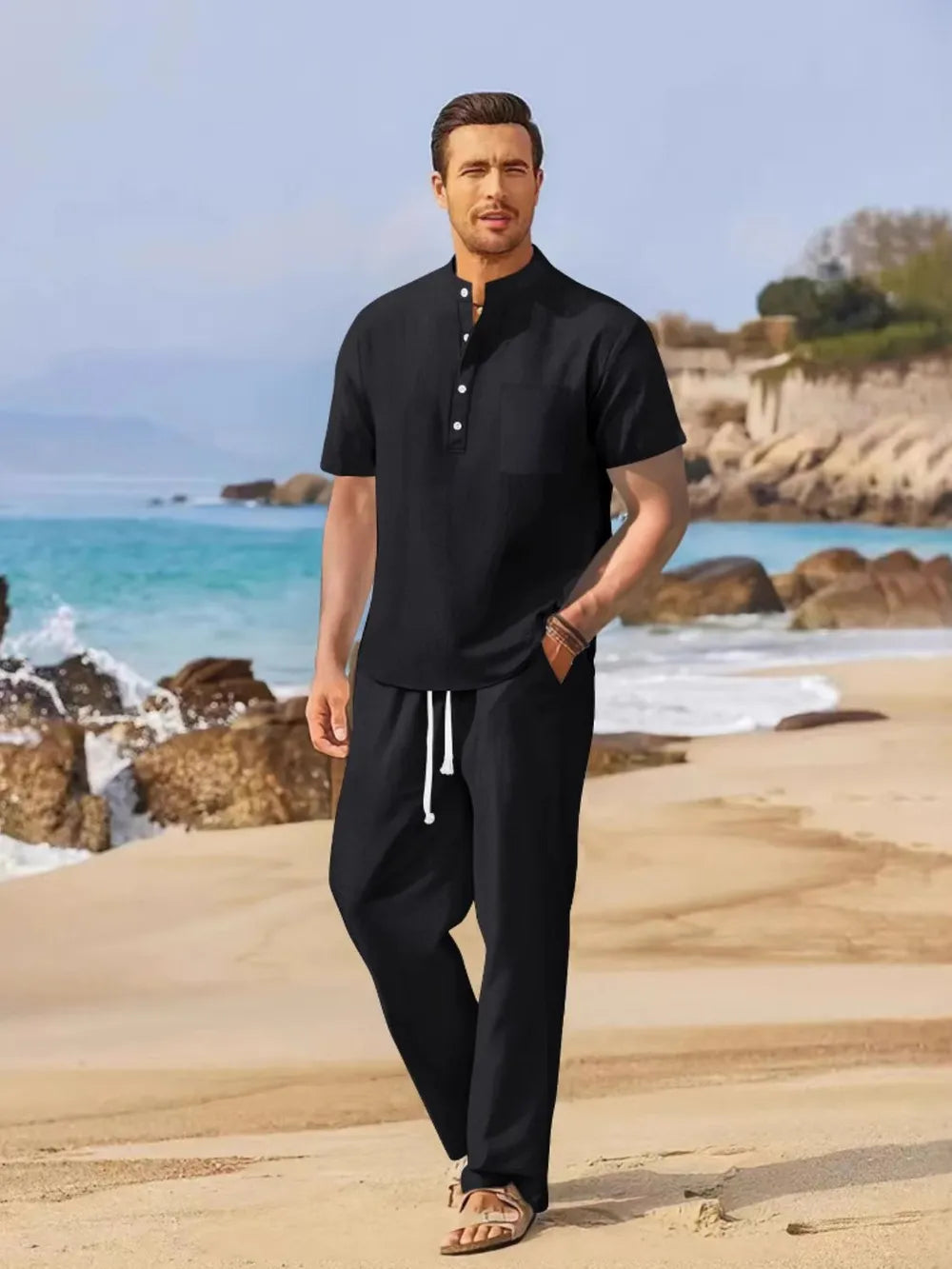 Men's Full Size Half Button Top and Drawstring Pants Set Plus Size - URBANPICK FASHION