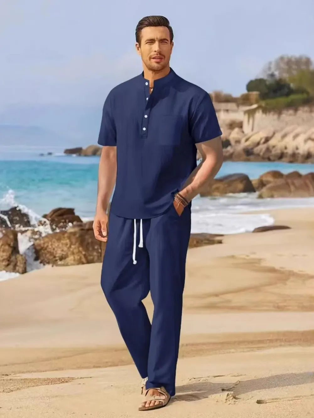 Men's Full Size Half Button Top and Drawstring Pants Set Plus Size - URBANPICK FASHION