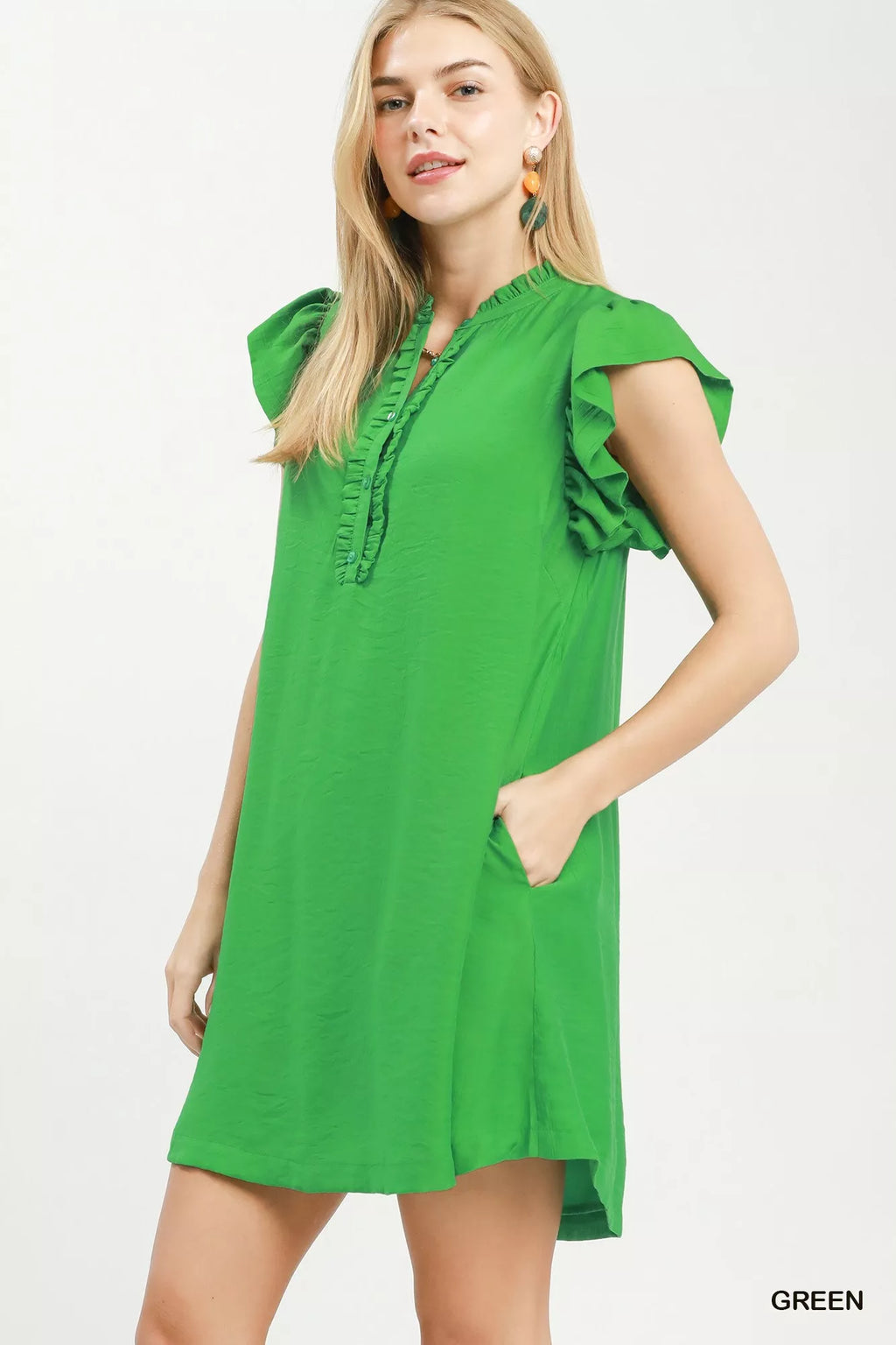 Umgee Ruffle Sleeve Henley Shift Dress - URBANPICK FASHION