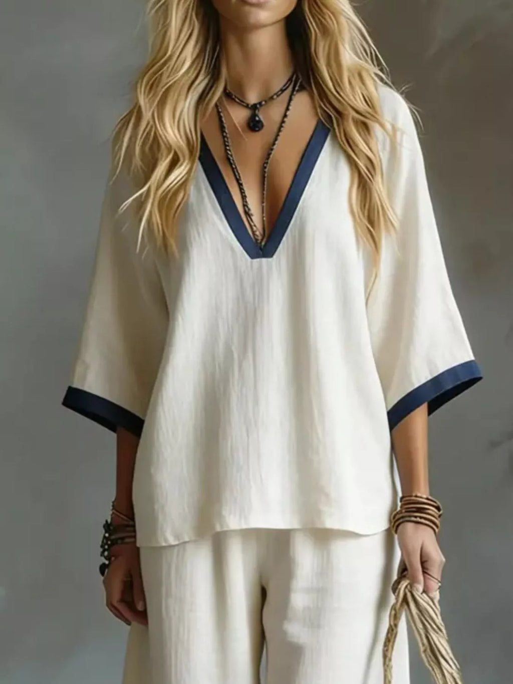 Contrast Trim V-Neck Top and Pants Set - URBANPICK FASHION