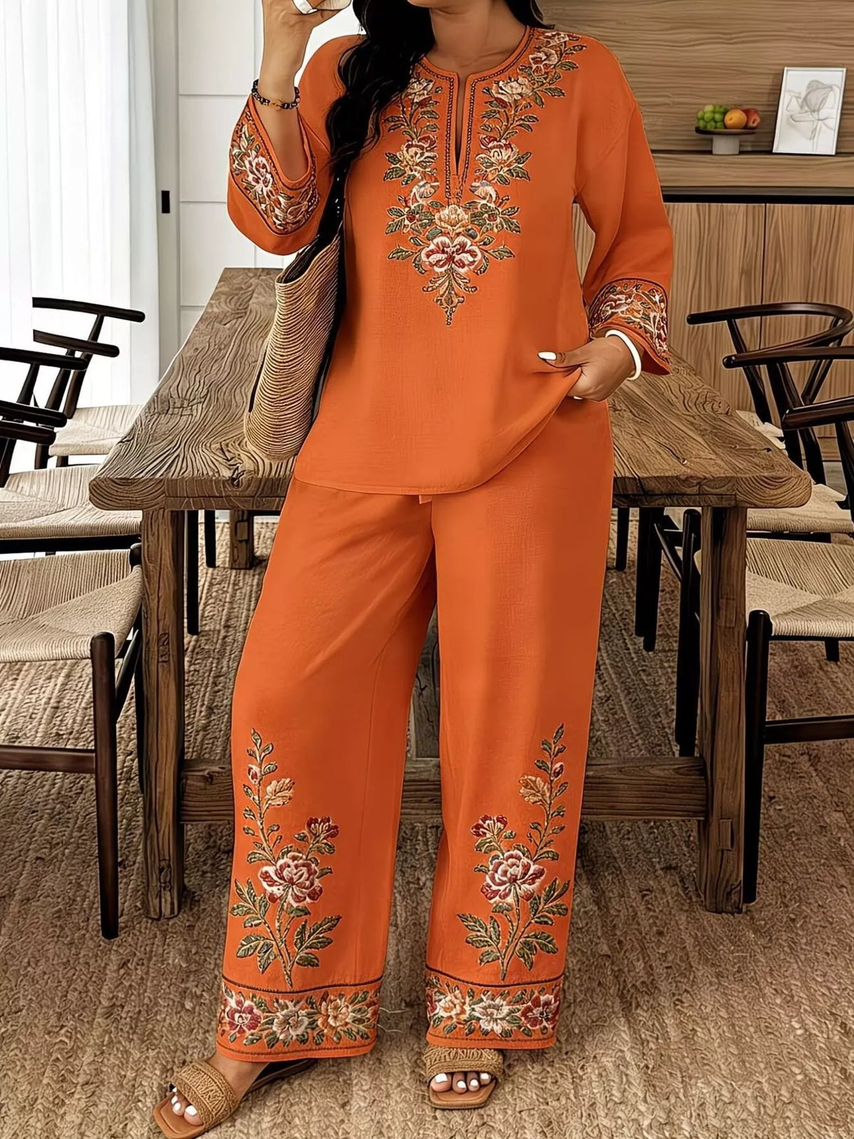Full Size Embroidered Long Sleeve Top and Pants Set Plus Size - URBANPICK FASHION