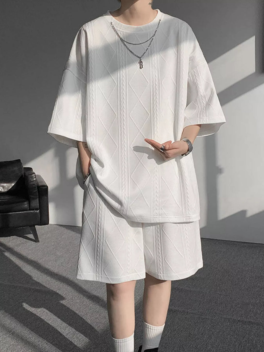 Men's Plus Size Textured Relaxed Fit Top and Shorts Set - URBANPICK FASHION