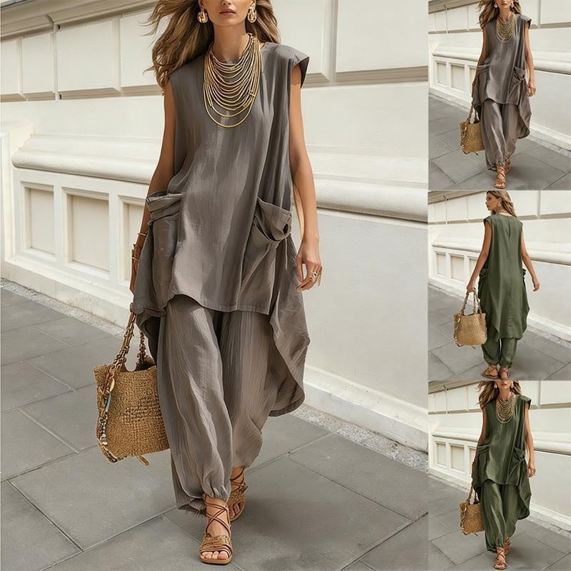 Sleeveless 3D-Cut Resort Two-Piece Set | Top & Pants - URBANPICK FASHION
