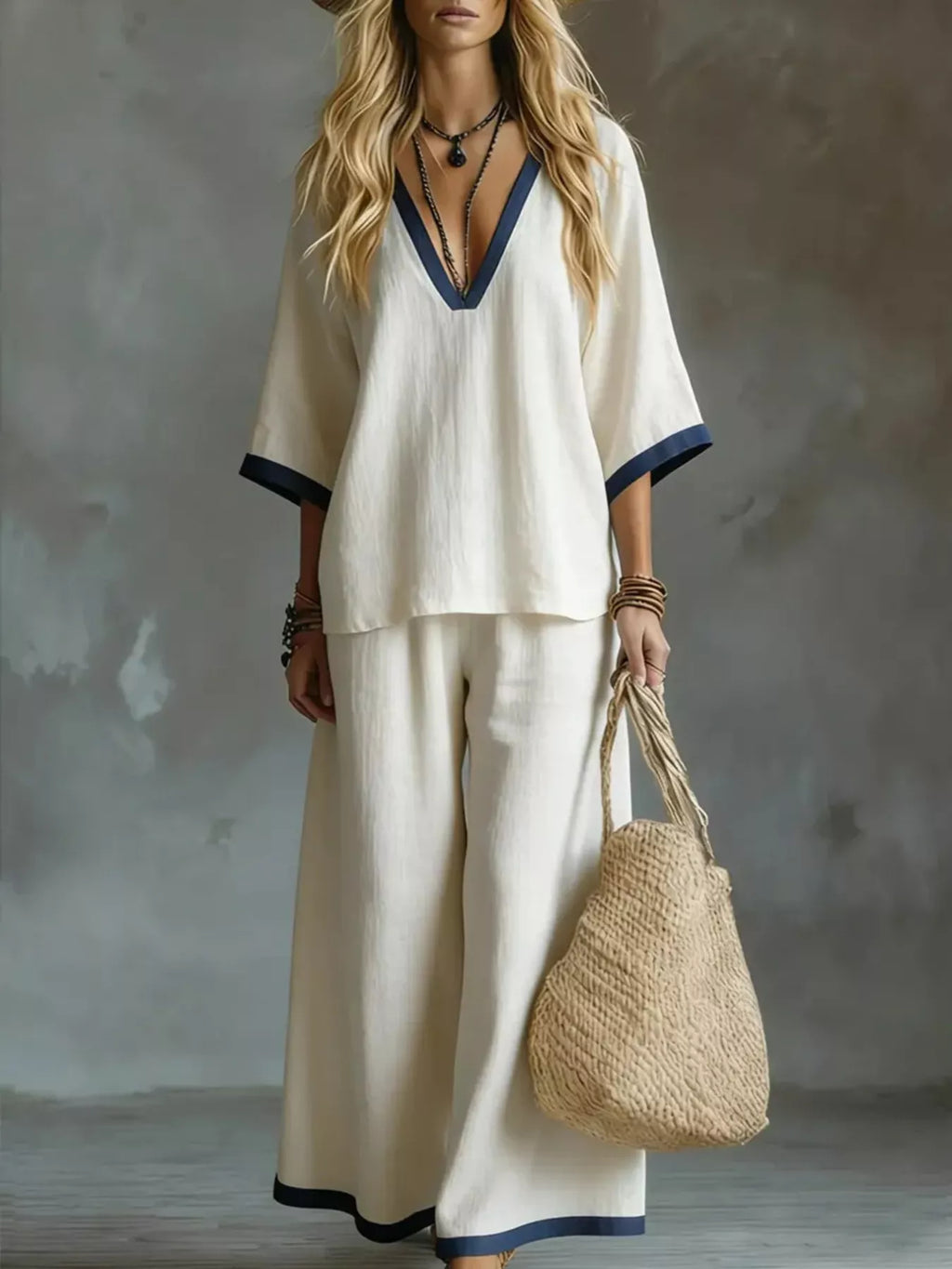 Contrast Trim V-Neck Top and Pants Set - URBANPICK FASHION