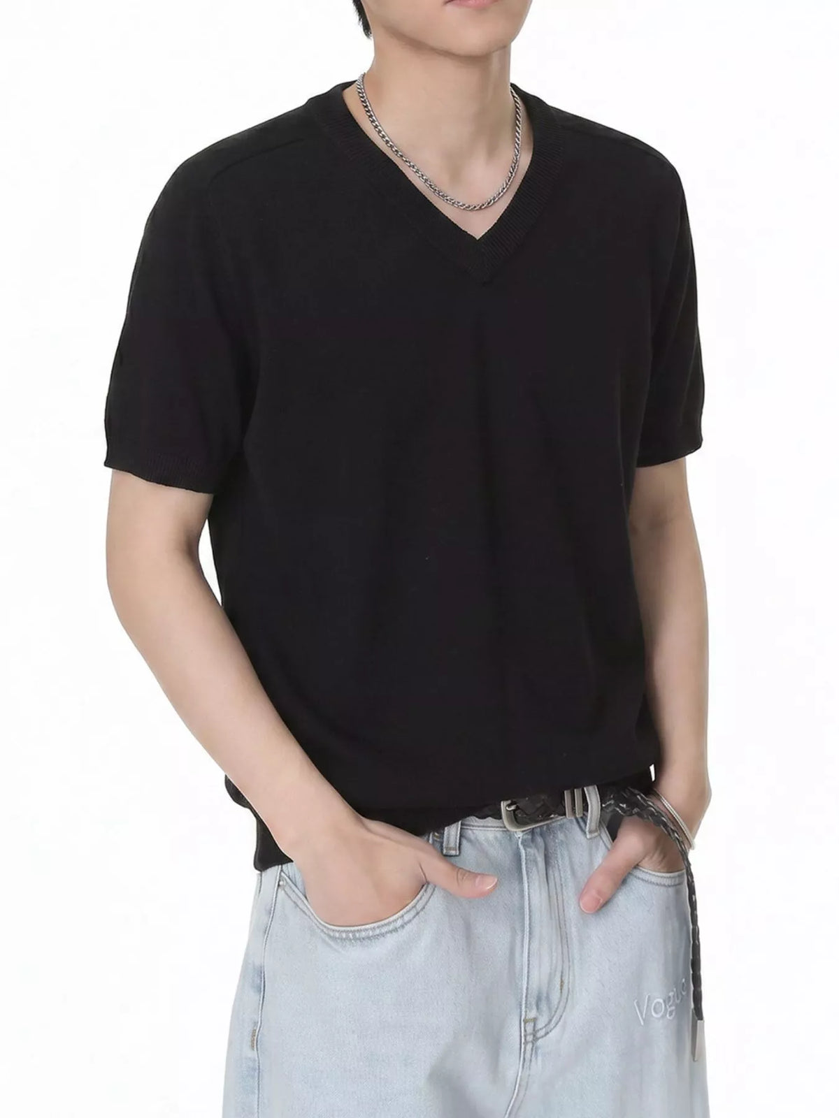 Men's V-Neck Short-Sleeve Knit T-Shirt - URBANPICK FASHION